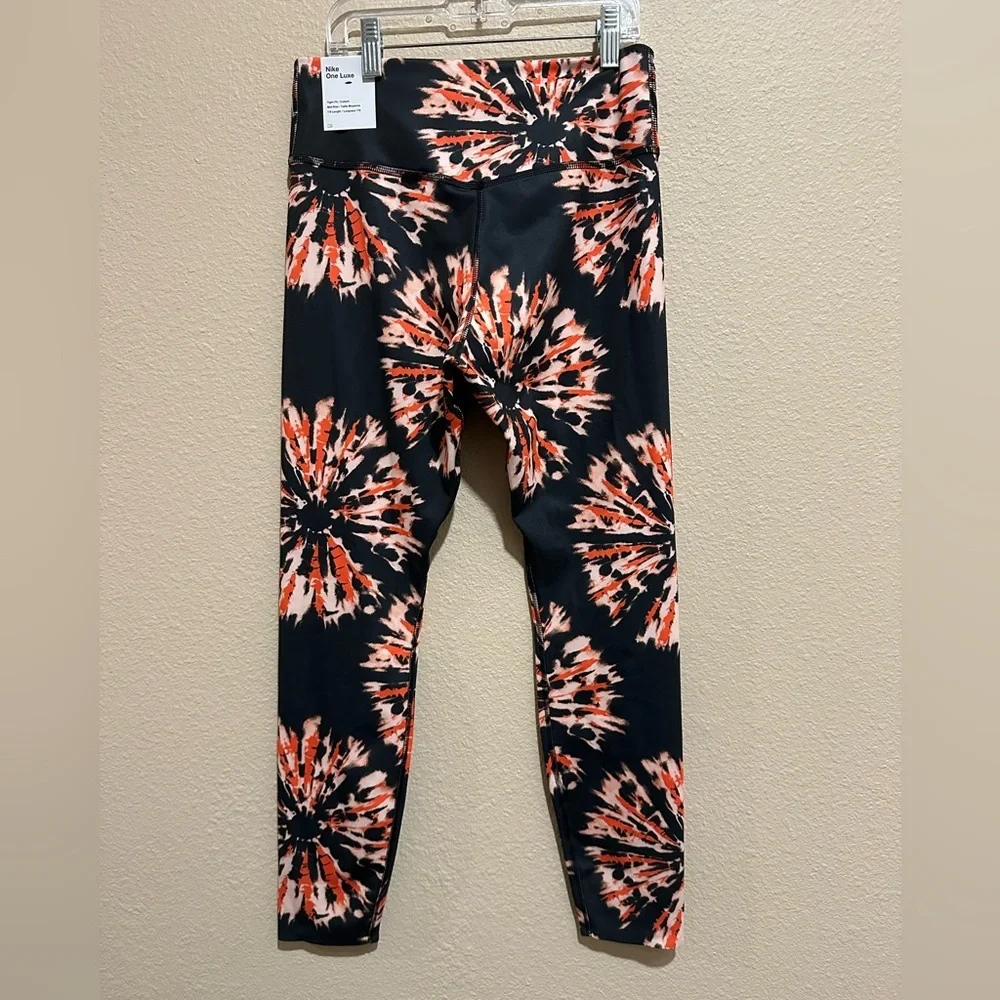 NEW! Nike Black High-Waist Tie-Dye Leggings with Orange & White Burst - Size M
